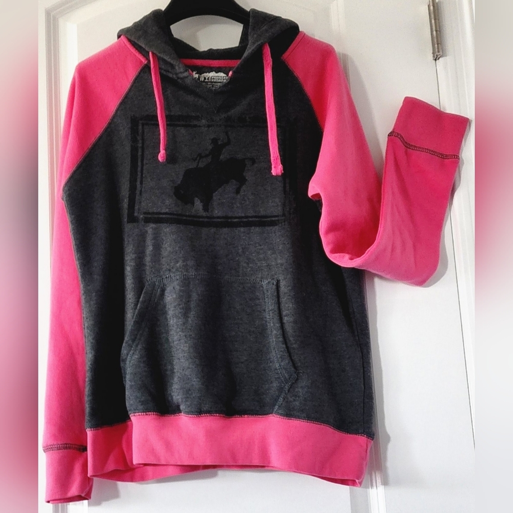 WY Frontier Exchange Hoodie Cowboy Western Rodeo Pink Gray Comfort Womens Small